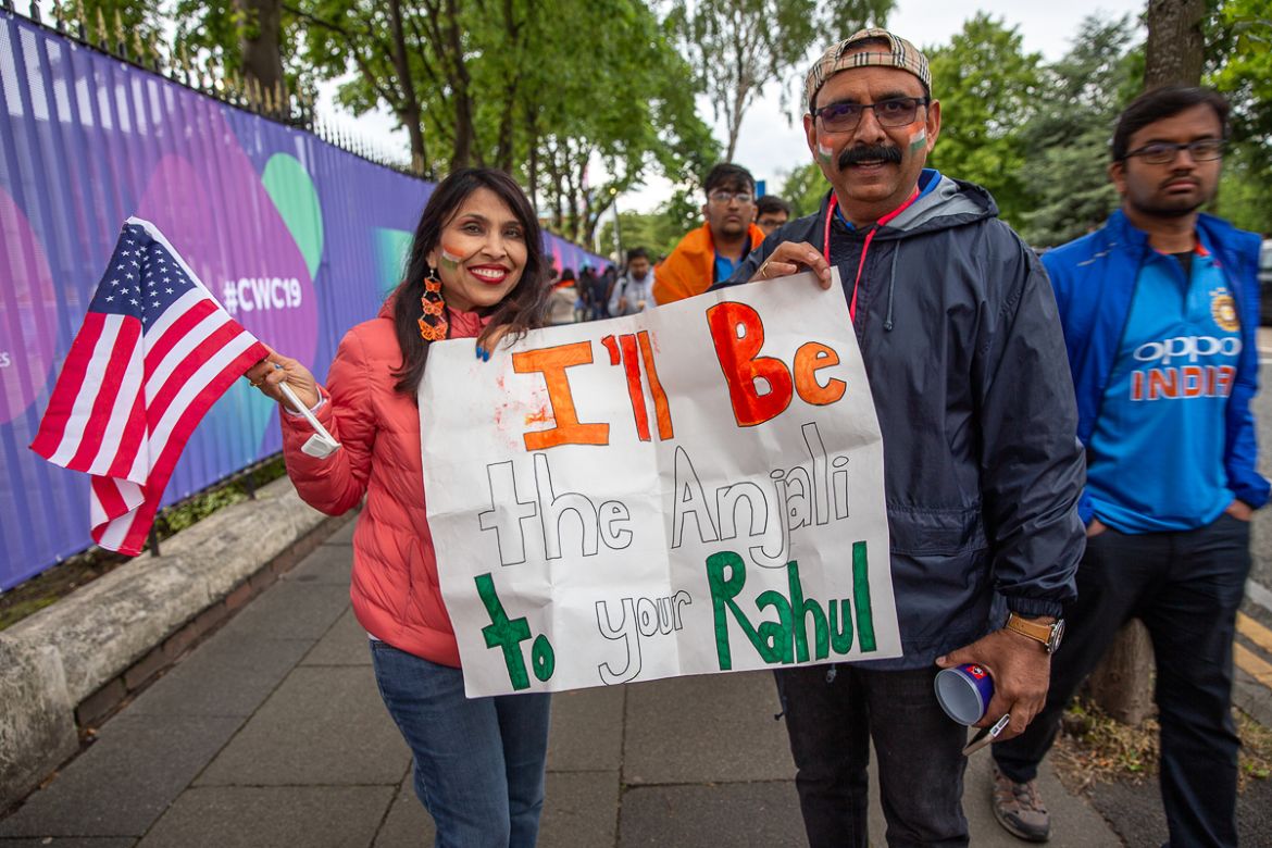 Anjali and Rahul live in the United States but support the Indian cricket team. This couple too came to the UK to watch Kohli’s team perform in the World Cup. [Faras Ghani/Al Jazeera]