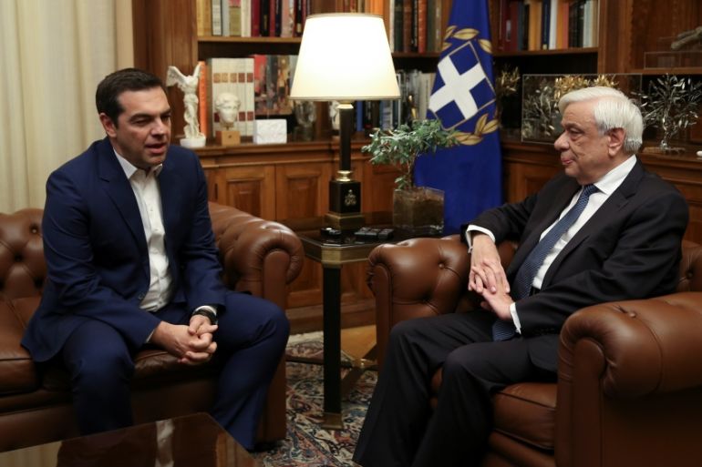 Greek PM Tsipras meets with Greek President Pavlopoulos to discuss snap elections at the Presidential Palace in Athens