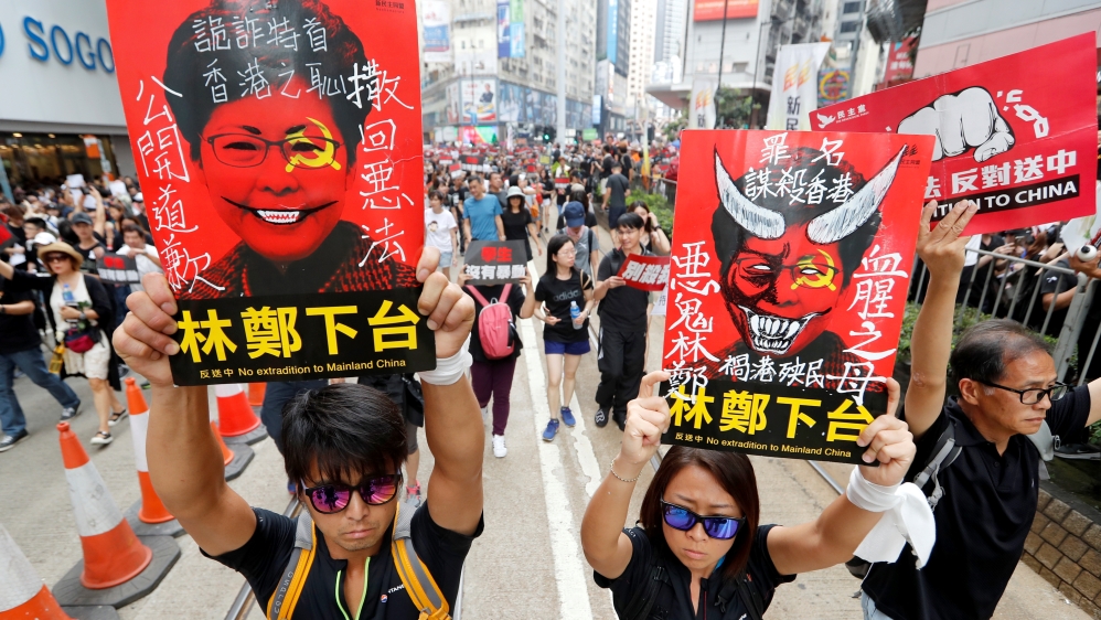 Demonstration demanding Hong Kong's leaders to step down and withdraw the extradition bill, in Hong Kong