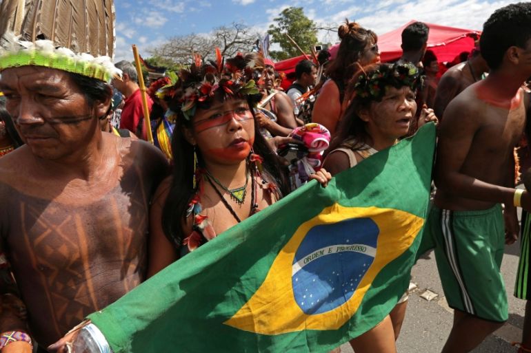 Brazilian Indigenous people from various ethnic groups take part in protest against the policies of the government of President Michel Temer and the demarcation of indigenous lands, in Brasilia