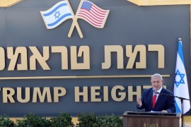 Israeli Prime Minister Benjamin Netanyahu speaks during a ceremony to unveil a sign for a new community named after U.S. President Donald Trump, in the Israeli-occupied Golan Heights