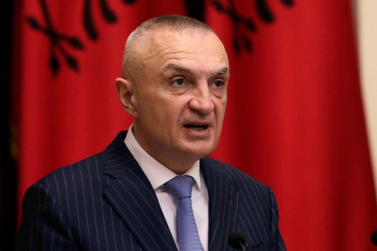 Albanian President Ilir Meta delivers a speech during a news conference in Tirana