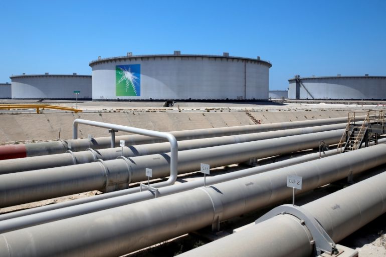 General view of Aramco tanks and oil pipe at Saudi Aramco''s Ras Tanura oil refinery and oil terminal