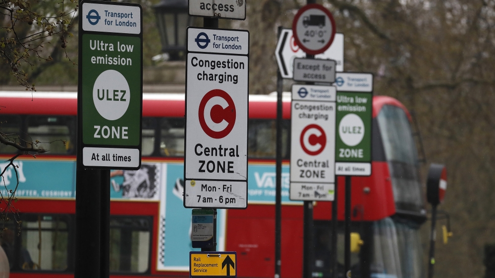 A London bus enters the new Ultra Low Emission Zone that has come into force Monday, in London, Monday, April 8, 2019