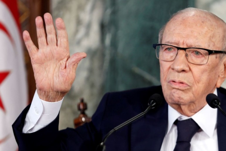Tunisian President Beji Caid Essebsi speaks during a news conference at the Carthage Palace in Tunis