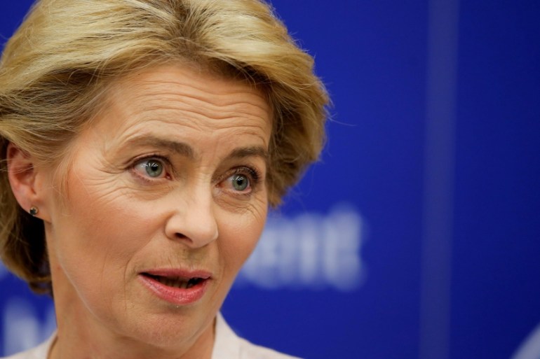 Elected European Commission President Ursula von der Leyen attends a news conference after the vote on her election at the European Parliament in Strasbourg, France, July 16, 2019