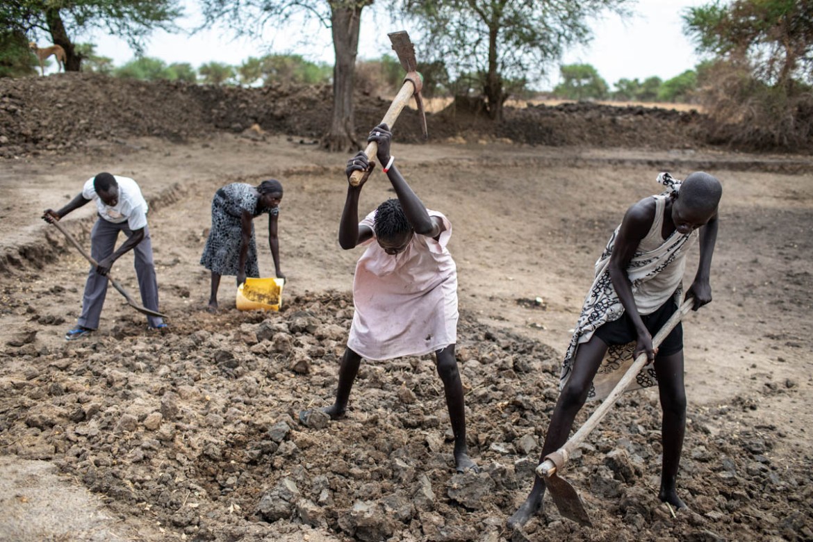 Villagers use pick axes and shovels to deepen Mabil pond, on April 8, 2019. Some 316 members of the Ruar Leek community are working to expand the pond. When completed it will measure 42 meters in diam
