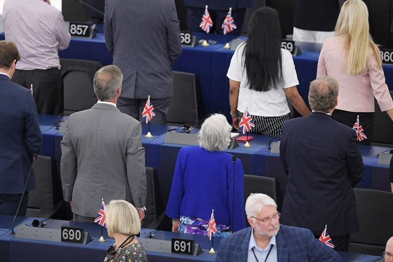 British MEPs Brexit Party turn their backs during the European anthem ahead of the inaugural session at the European Parliament on July 2 , 2019 in Strasbourg, eastern France. (Photo by FREDERICK FLOR