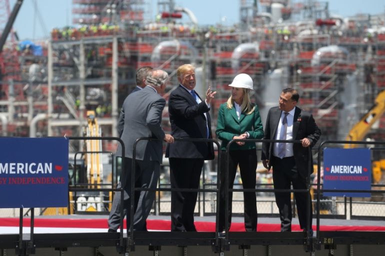 U.S. President Trump speaks with management at Cameron LNG Export Facility in Hackberry, Louisiana