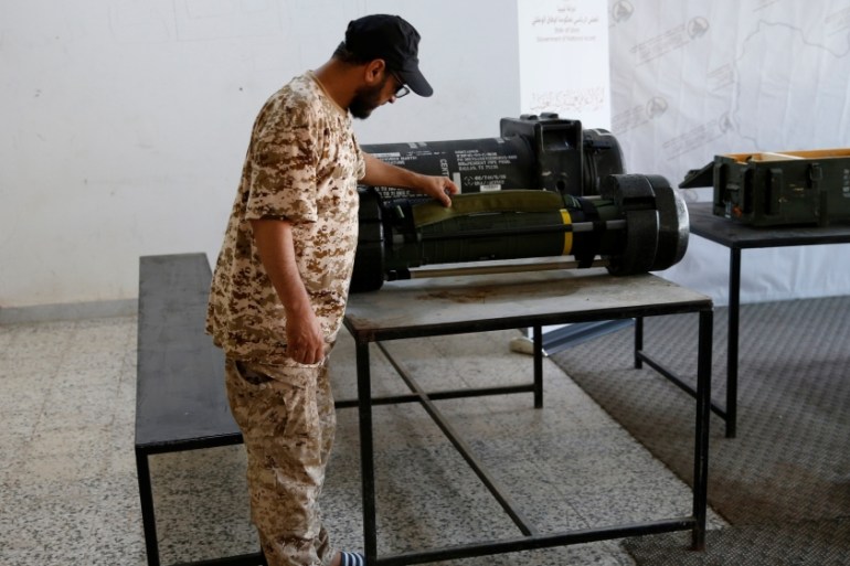 American Javelin anti-tank missiles confiscated from eastern forces led by Khalifa Haftar in Gharyan are diplayed in Tripoli