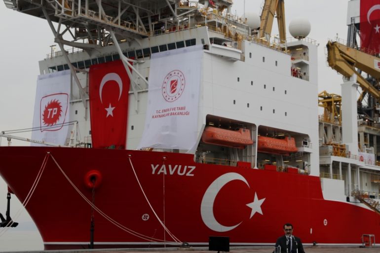 Turkey''s Energy Minister Donmez makes a speech with the Turkish drilling vessel Yavuz in the background at Dilovasi port in Kocaeli
