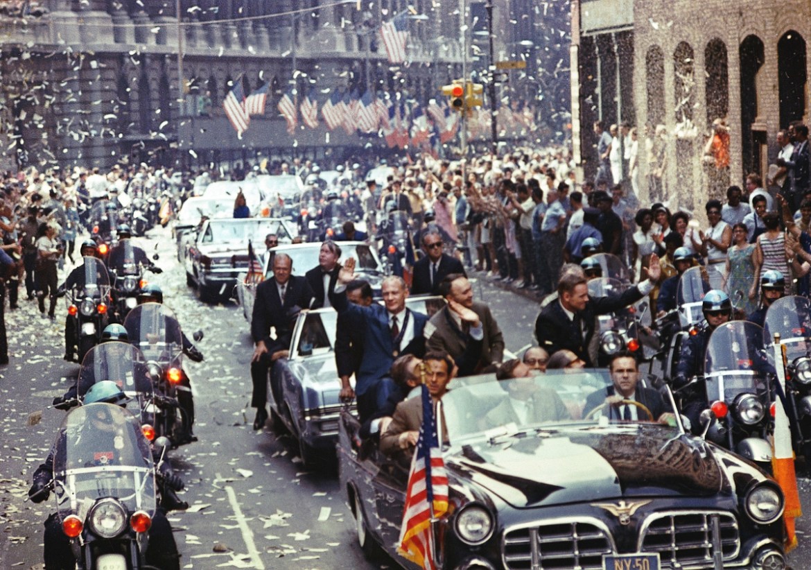 "New York City welcomes the Apollo 11 crew in a showering of ticker tape down Broadway and Park Avenue on August 13, 1968. [File: NASA/Newsmakers/Getty Images] "
