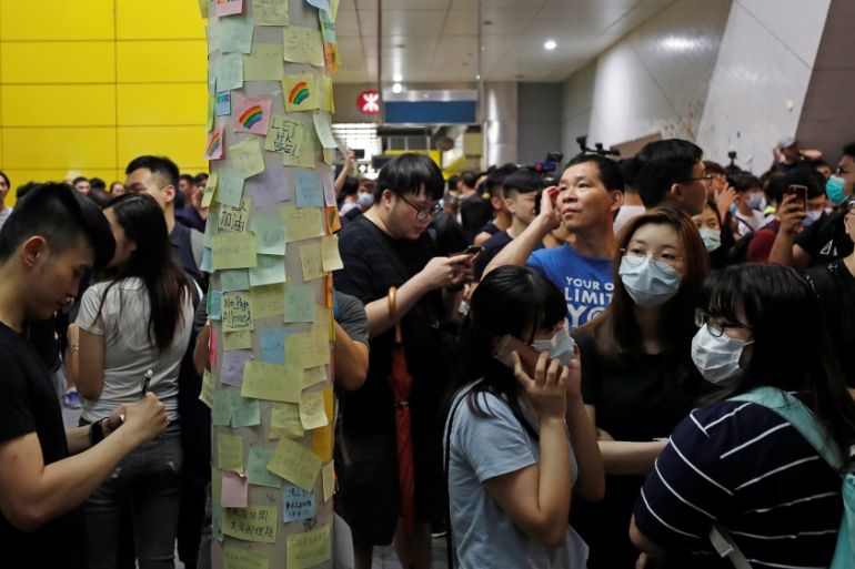 Memos and notices are placed on "Lennon Walls" by anti-extradition bill protesters at Yau Tong in Hong Kong