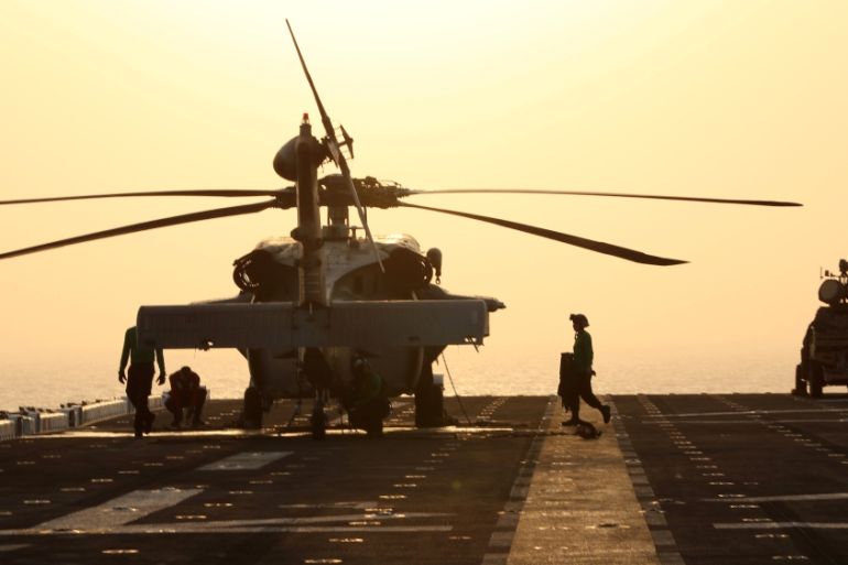 MH-60S Sea Hawk is seen after it was landed on the flight deck of USS Boxer (LHD-4) in the Arabian Sea off Oman