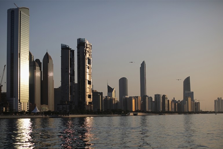 A general view of the city skyline at sunset from Dhow Harbour on February 5, 2015 in Abu Dhabi, United Arab Emirates. Abu Dhabi is the capital of the United Arab Emirates and the second most populou
