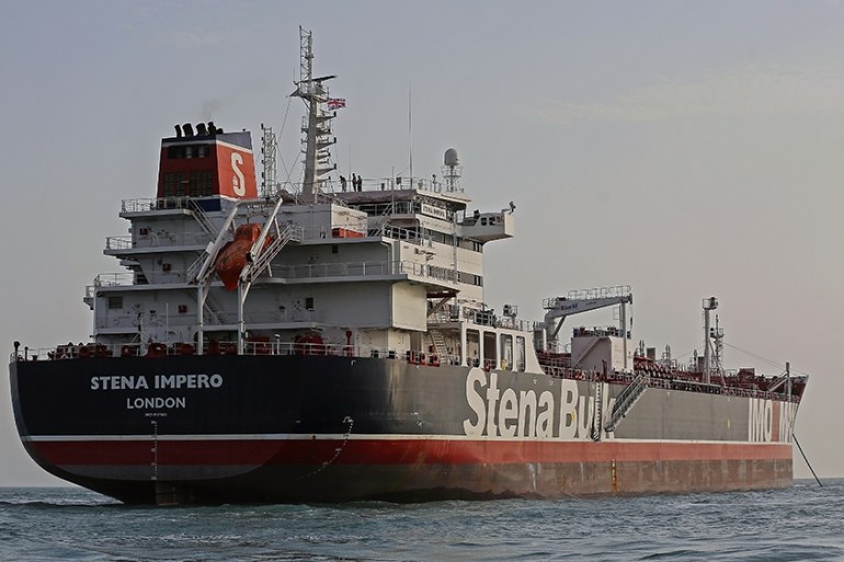 A picture taken on July 21, 2019, shows the British-flagged tanker Stena Impero anchored off the Iranian port city of Bandar Abbas. - Iran warned Sunday that the fate of a UK-flagged tanker it seized