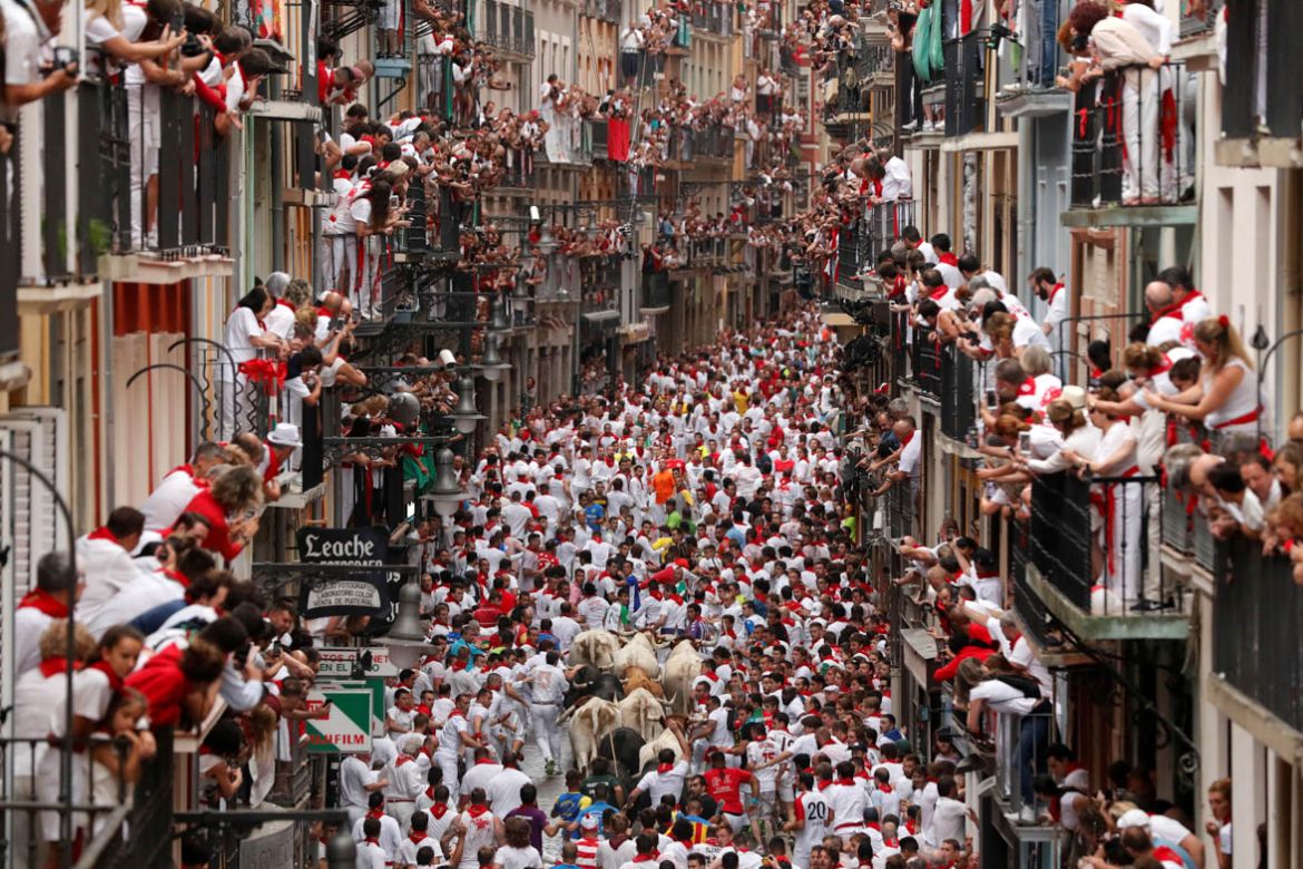 Revellers sprint in front of bulls and steers during the first running of the bulls at the San Fermin festival in Pamplona, July 7. This year, the bulls were from cattle breeder Puerto de San Lorenzo,