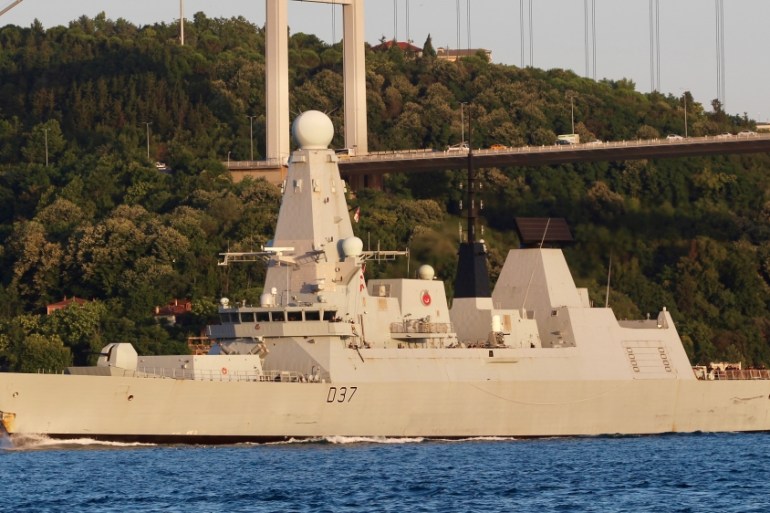 British Royal Navy destroyer HMS Duncan (D37) sails in the Bosphorus in Istanbul