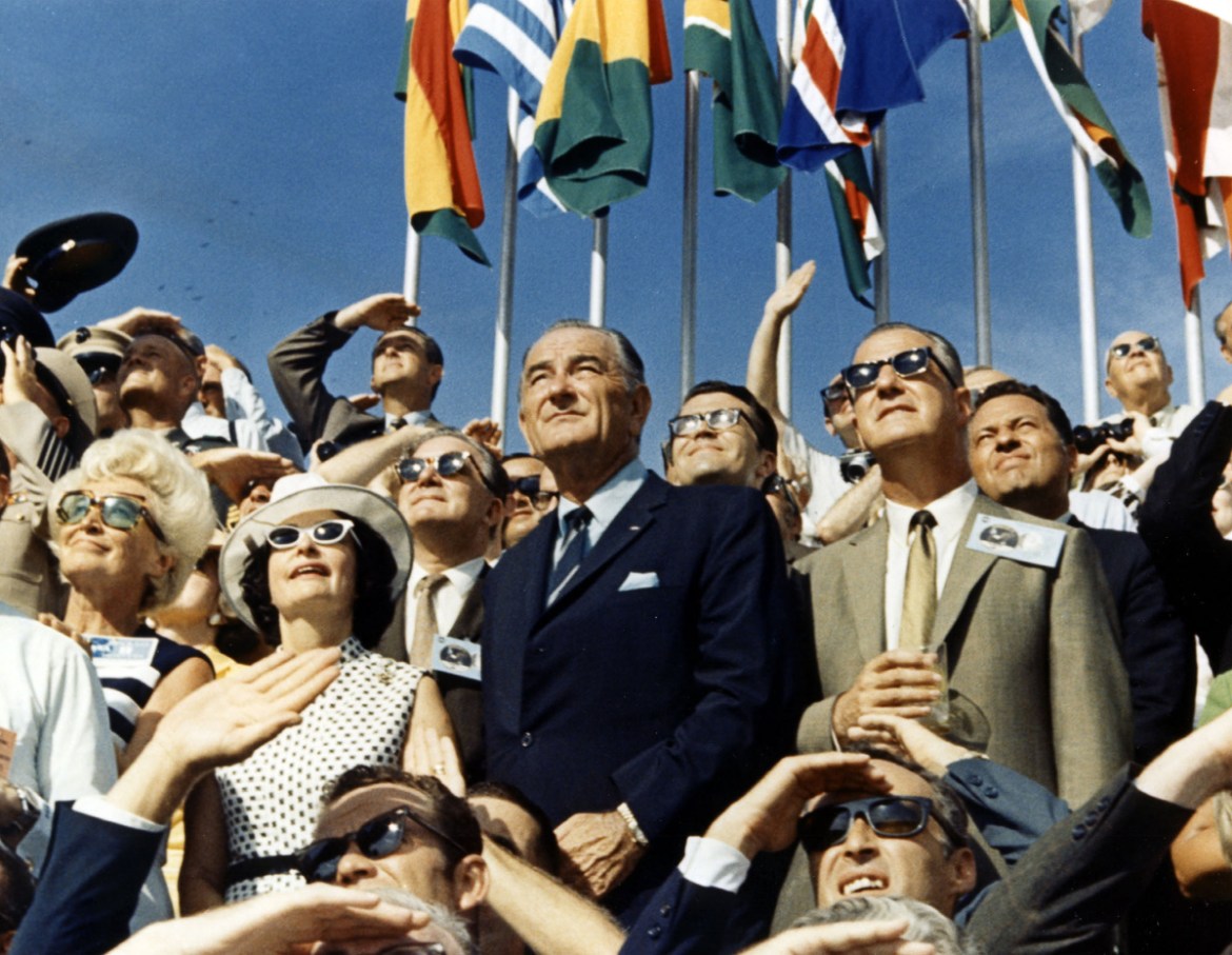 Then-Vice President Spiro Agnew And former President Lyndon Johnson watch the liftoff of Apollo 11 from the stands located at the Kennedy Space Center. [File: NASA/Getty Images]