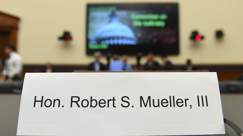 A name card for Former Special Prosecutor Robert Mueller is placed at a table before he testifies in Congress on July 24, 2019, in Washington, DC. Mueller is expected to testify about his two-year rep