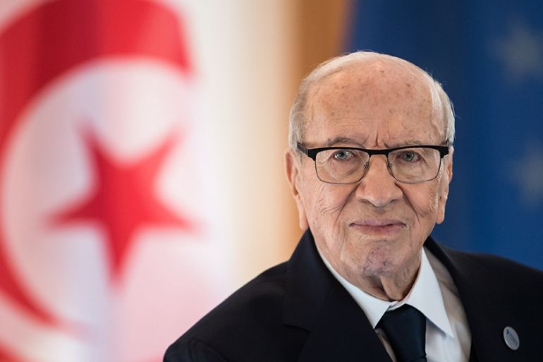 Picture taken on October 30, 2018 shows Tunisian President Beji Caid Essebsi during a visit at the presidential Bellevue Palace in Berlin. - Essebsi, the North African country''s first democratically e
