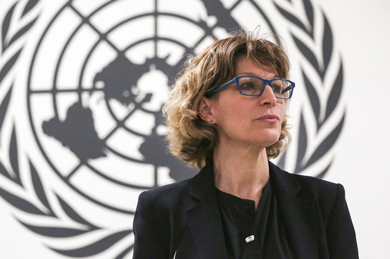 Special Rapporteur on extrajudicial, summary or arbitrary executions at the Office of the United Nations High Commissioner for Human Rights, Agnes Callamard waits for a news conference to start in San