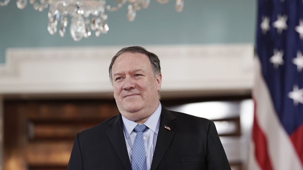 Secretary of State Mike Pompeo arrives to meet with Japanese Chief Cabinet Secretary Yoshihide Suga on Thursday, May 9, 2019, at the Department of State in Washington. (AP Photo/Sait Serkan Gurbuz)