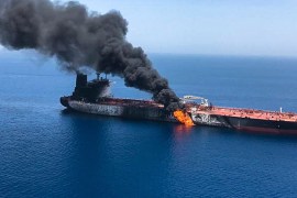 An oil tanker is on fire in the sea of Oman, Thursday, June 13, 2019. Two oil tankers near the strategic Strait of Hormuz were reportedly attacked on Thursday, an assault that left one ablaze and adri
