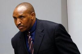 Congolese warlord Ntaganda stands in the courtroom of the ICC in the Hague