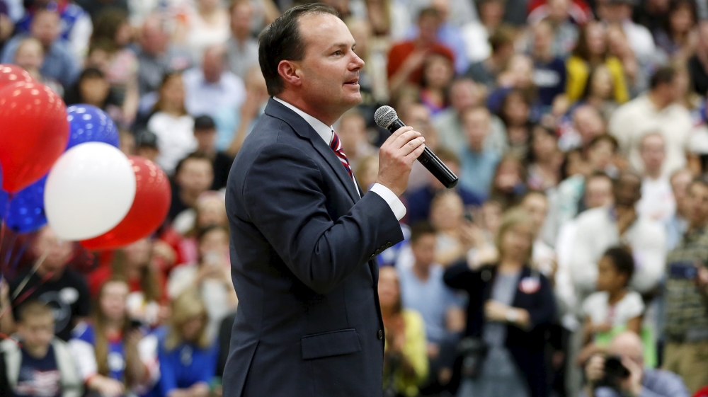 United States Senator Mike Lee speaks at a campaign rally for Republican U.S. presidential candidate Ted Cruz in Provo