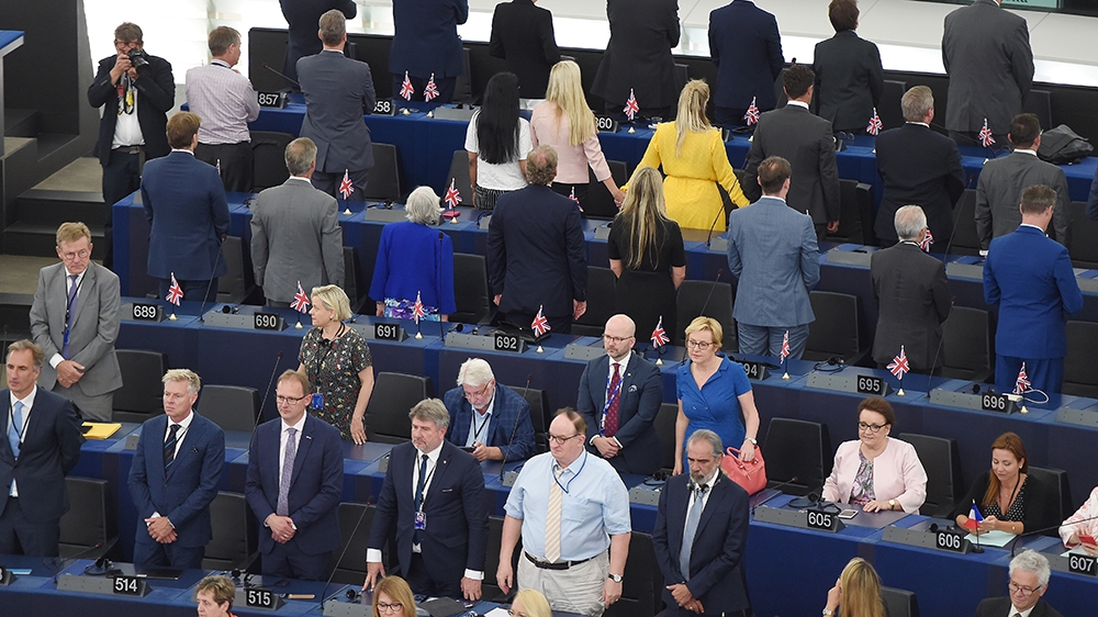 British MEPs Brexit Party turn their backs during the European anthem ahead of the inaugural session at the European Parliament on July 2 , 2019 in Strasbourg, eastern France. (Photo by FREDERICK FLOR
