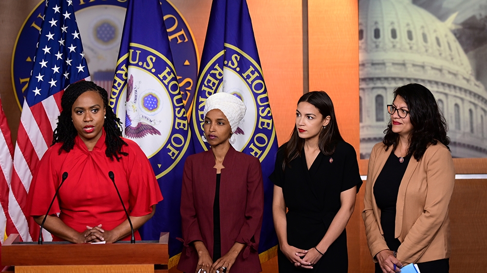 U.S. Reps Ayanna Pressley (D-MA), Ilhan Omar (D-MN), Alexandria Ocasio-Cortez (D-NY) and Rashida Tlaib (D-MI) hold a news conference after Democrats in the U.S. Congress moved to formally condemn Pres