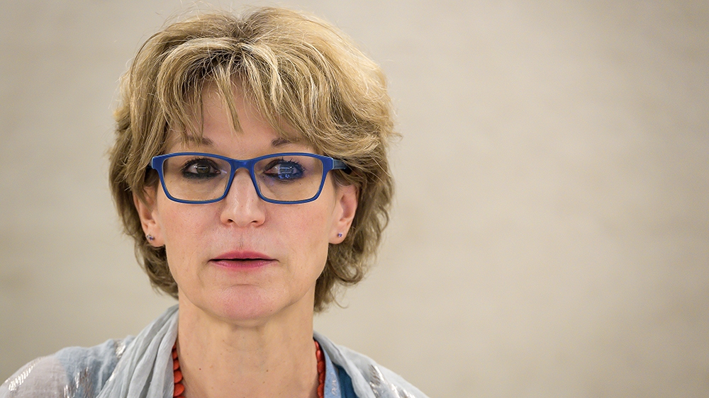 United Nations (UN) special rapporteur on extrajudicial, summary or arbitrary executions Agnes Callamard looks on as she delivers her report of the killing of Saudi journalist Jamal Khashoggi during t