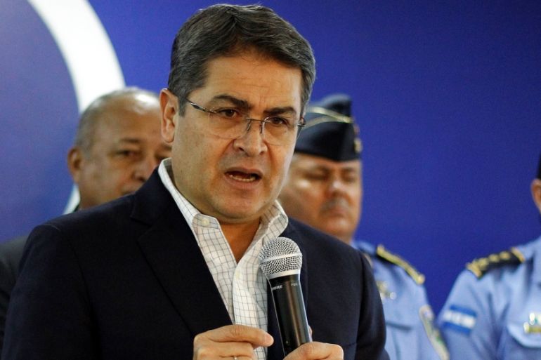 Honduras'' President Juan Orlando Hernandez speaks during a news conference at the Presidential House in Tegucigalpa