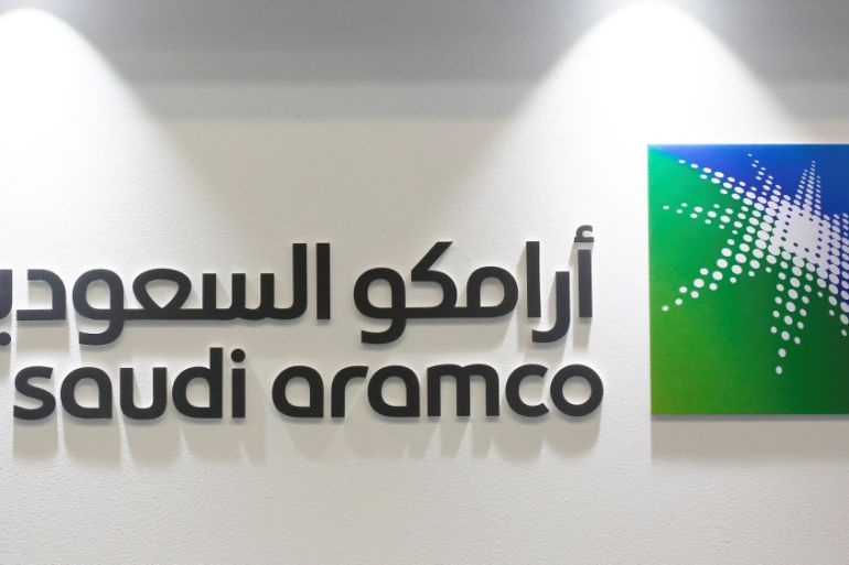 FILE PHOTO: Logo of Saudi Aramco is seen at the 20th Middle East Oil & Gas Show and Conference (MOES 2017) in Manama