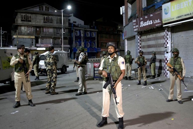 Indian soldiers stand guard in Srinagar, India, Sunday, Aug. 4, 2019. Tensions have soared along the volatile, highly militarized frontier between India and Pakistan in the disputed Himalayan region o