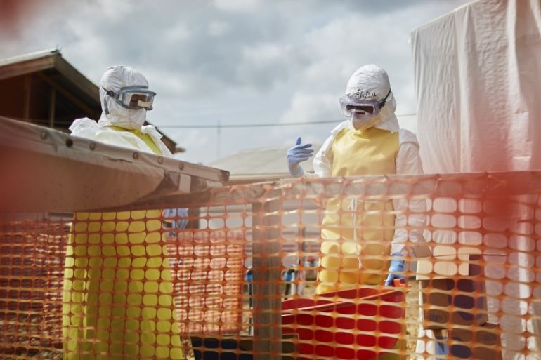 Health workers work in an Ebola transit center in Beni, North Kivu province, Democratic Republic of the Congo, 29 August 2019