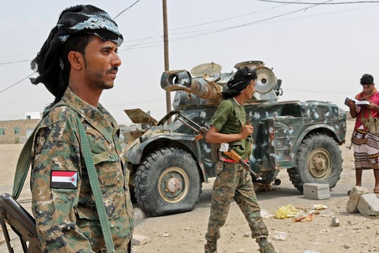 Fighters with the UAE-trained Security Belt Forces loyal to the pro-independence Southern Transitional Council (STC), gather near the south-central coastal city of Zinjibar in south-central Yemen, in