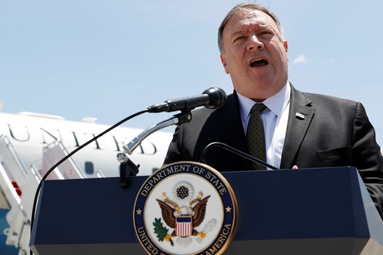US Secretary of State Mike Pompeo speaks to the media at Joint Base Andrews, Maryland,