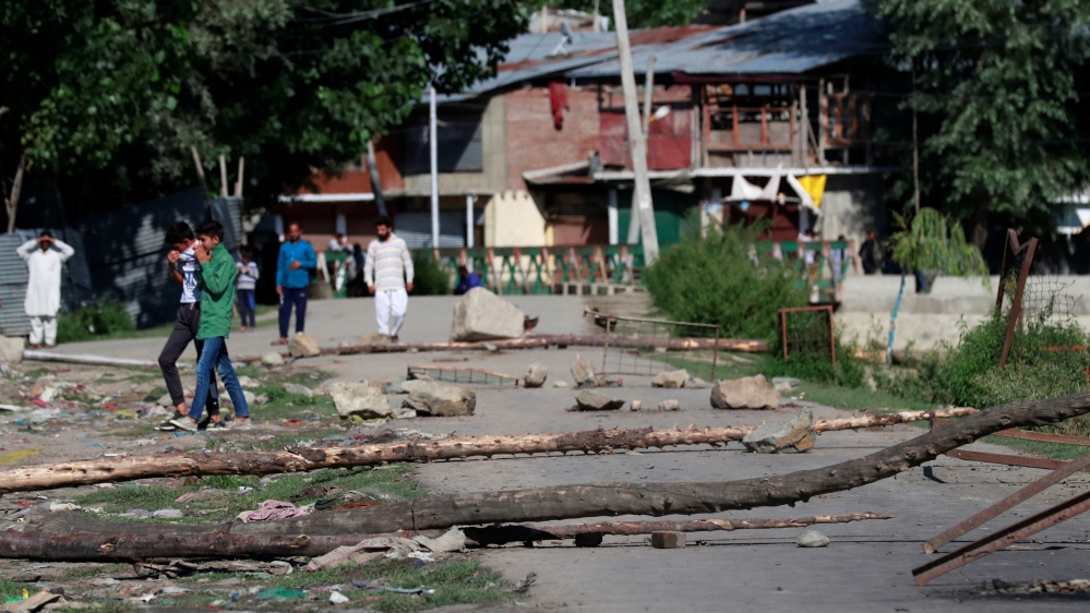 A neighbourhood street is blocked with tree branches by Kashmiri protesters during restrictions after the scrapping of the special constitutional status for Kashmir by the government, in Srinagar