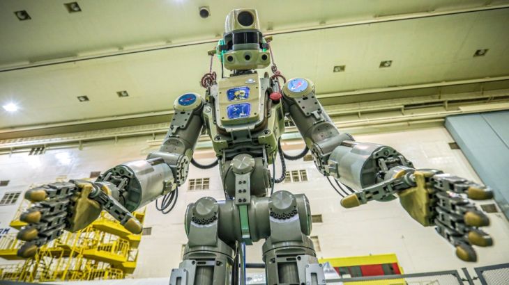 This handout picture taken on July 26, 2019 and released by the official website of the Russian State Space Corporation ROSCOSMOS on August 21, 2019 shows Russian humanoid robot Skybot F-850