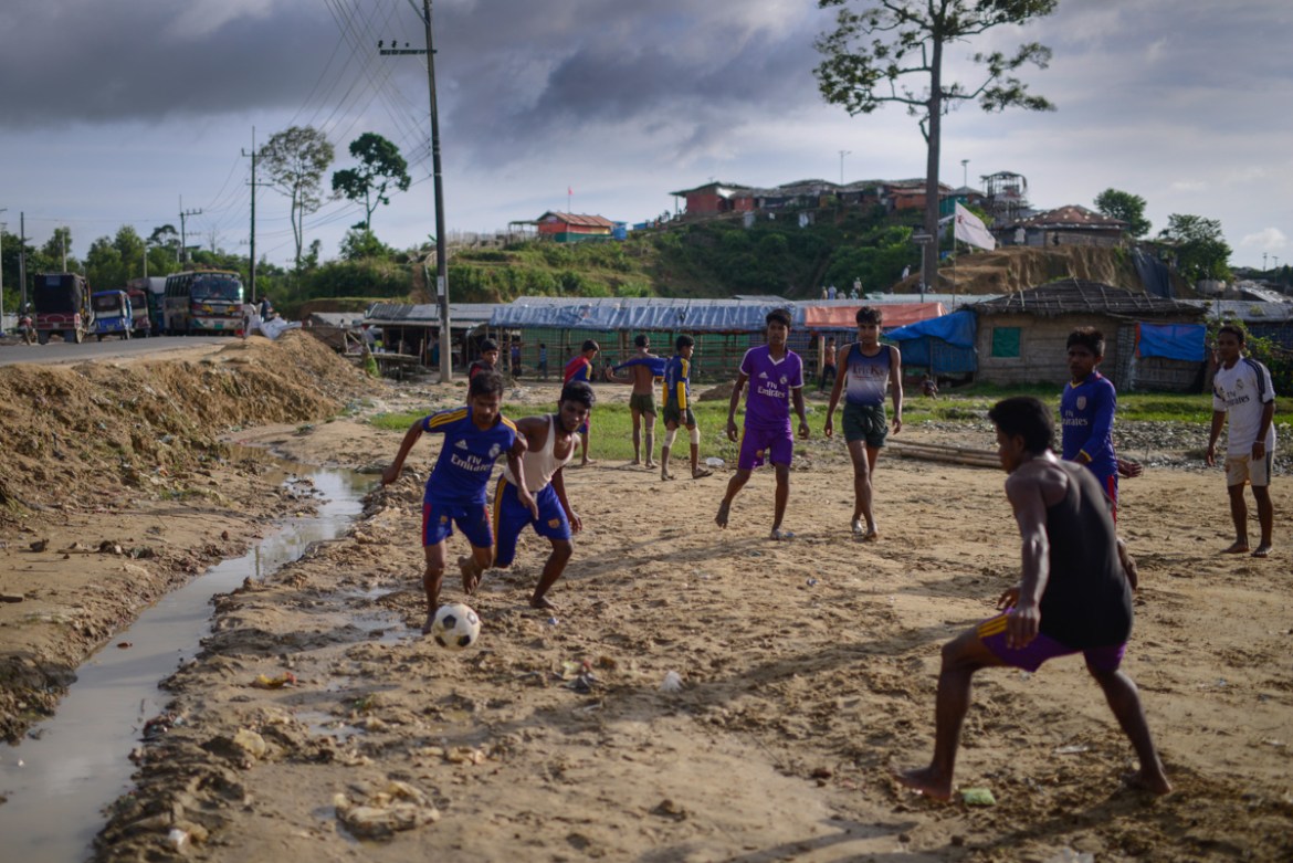 Rohingya refugees are playing football at Balukhali camp.