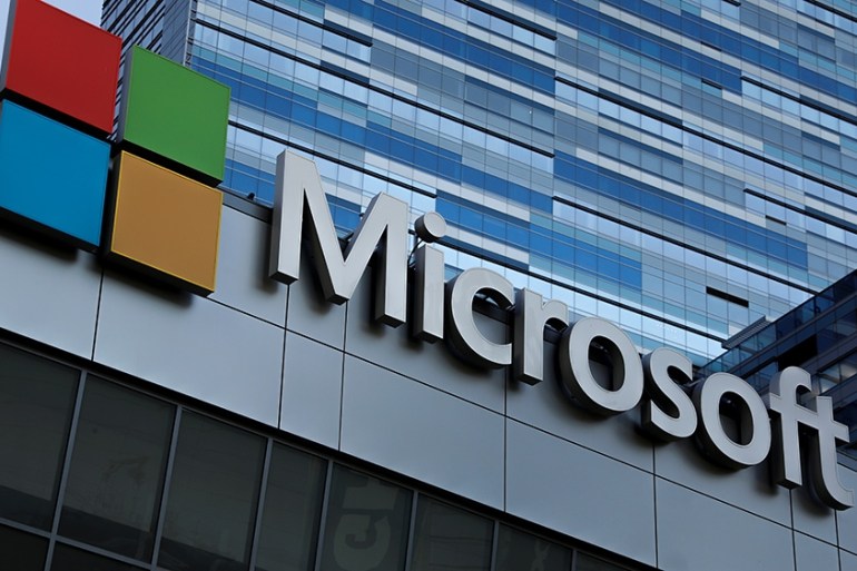 Microsoft sign shown above Microsoft Theater in Los Angeles, California, October 19,2018.