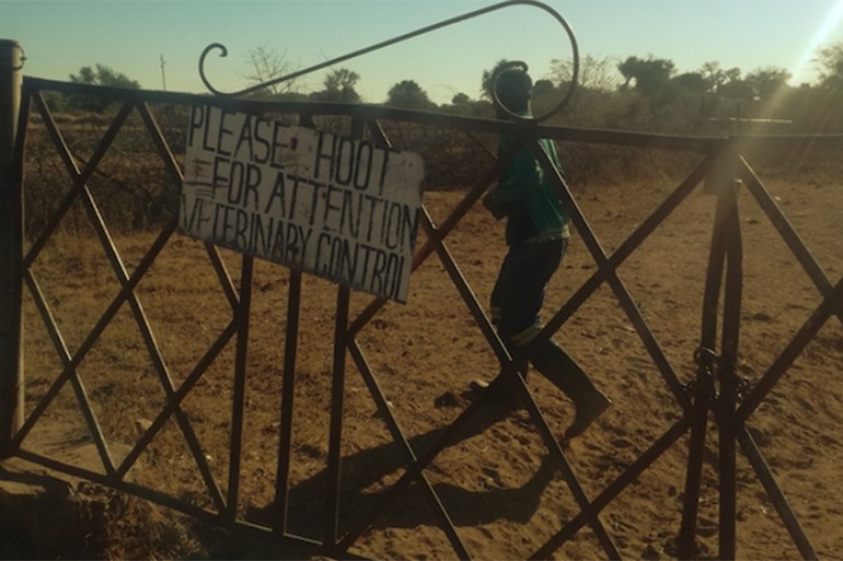 Gate at the former tobacco farmer, Shandu Gumede’s farm in Nyamandlovu, Umguza District, in Matabeleland North Province, Zimbabwe, now reportedly leasing to a cattle farmer