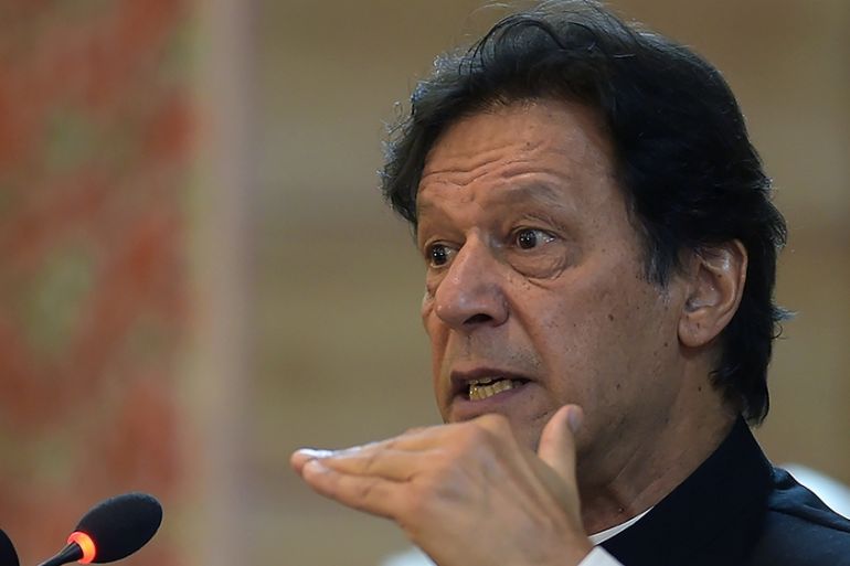 Pakistan''s Prime Minister Imran Khan addresses the legislative assembly in Muzaffarabad, the capital of Pakistan-controlled Kashmir on August 14, 2019 to mark the country''s Independence Day. - His vis