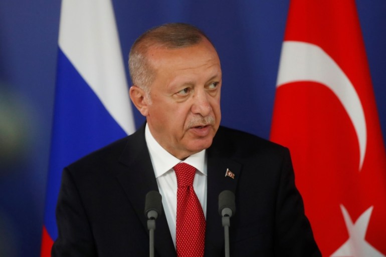 Turkish President Recep Tayyip Erdogan attends a joint news conference with Russian President Vladimir Putin outside Moscow, Russia, August 27, 2019
