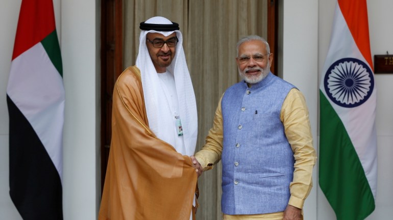 Sheikh Mohammed bin Zayed al-Nahyan, Crown Prince of Abu Dhabi shakes hands with India''s Prime Minister Modi during a photo opportunity ahead of their meeting at Hyderabad House in New Delhi
