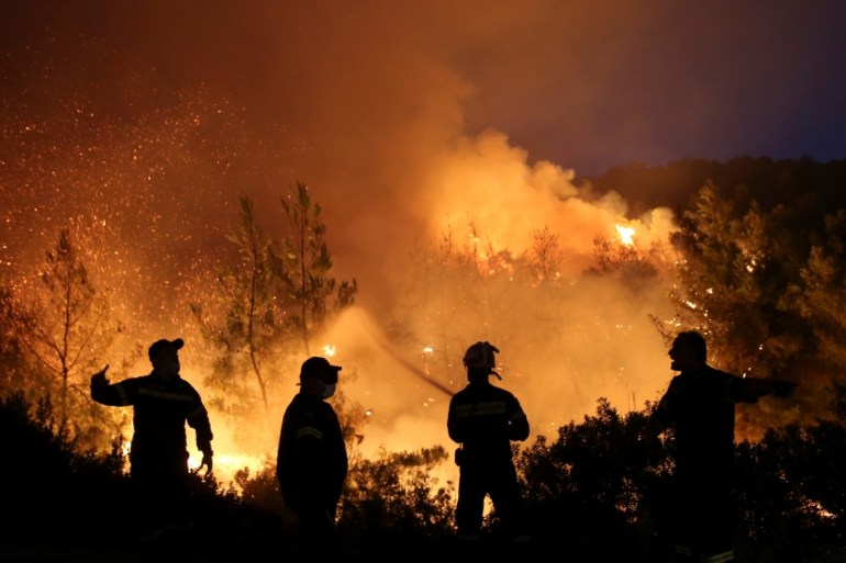 Firefighters try to extinguish a wildfire burning near the village of Makrimalli on the island of Evia