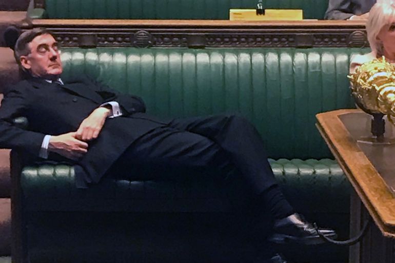 This handout picture released on the Twitter page of British Labour party MP for Redcar, Anna Turley, shows shows Britain''s Leader of the House of Commons Jacob Rees-Mogg relaxing on the front benches