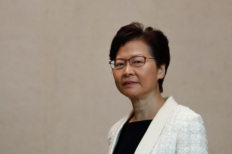 Hong Kong Chief Executive Carrie Lam arrives for a news conference in Hong Kong on Tuesday, Sept. 3, 2019. (AP Photo/Jae C. Hong)